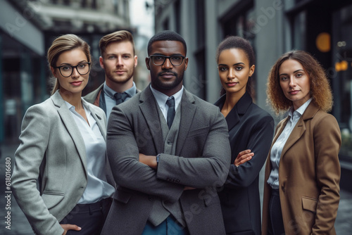 Embodying professionalism and confidence, black and white individuals strike powerful poses, symbolizing the strength and synergy of a dynamic corporate team. generative AI.