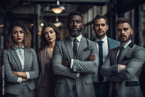 Embodying professionalism and confidence, black and white individuals strike powerful poses, symbolizing the strength and synergy of a dynamic corporate team. generative AI.