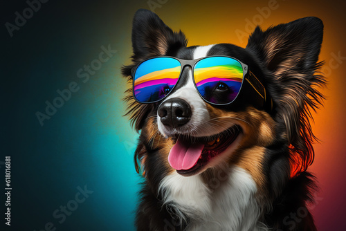 Happy dog with sunglasses. Portrait of smiling dog wearing sunglasses. Happy pet concept. Generative AI © Klemenso