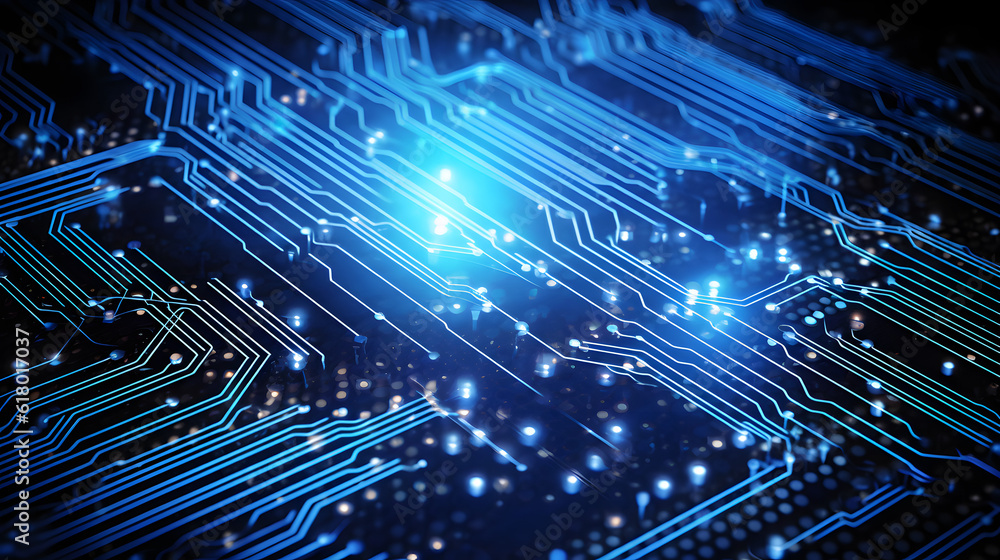 a computer circuit board with blue lights a computer circuit board with blue lights