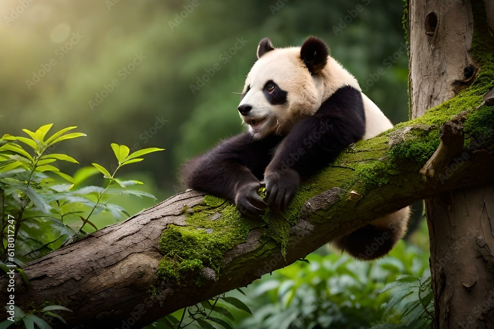 giant panda playing on tree generated by AI tool 