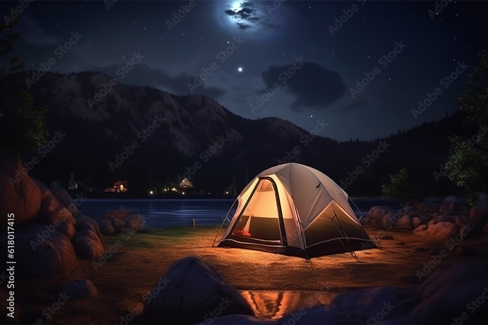 A tent glows under a night sky full of stars. Outdoor adventure, nature landscape. 