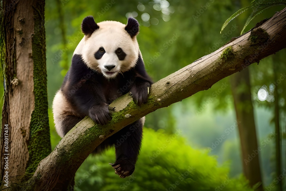 Fototapeta premium giant panda bear on the tree generated by AI tool 