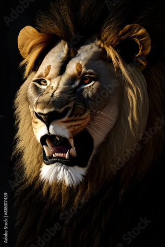 Image of a beautiful majestic lion against a black background.  AI-generated fictional illustration  