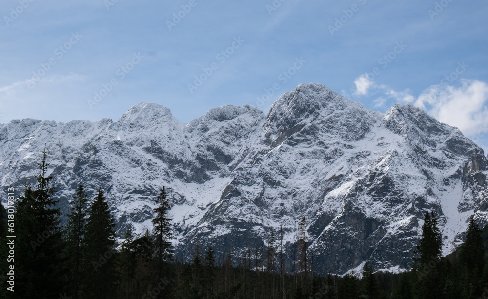 Snowy mountains, green forests In National park Zakopane Poland. Mountain nature landscape. Blue sky. Travel outdoors green tourism concept Naturecore. Hiking wellbeing 