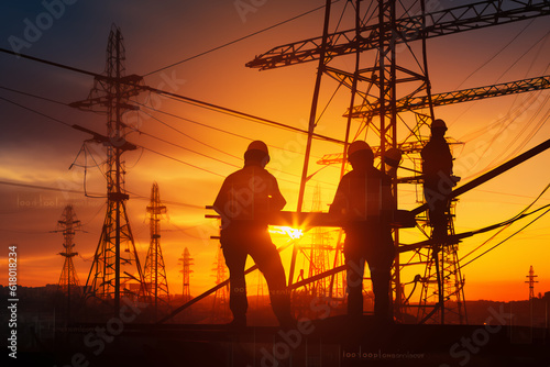 Silhouette workers construction the extension of high-voltage towers on blurred light