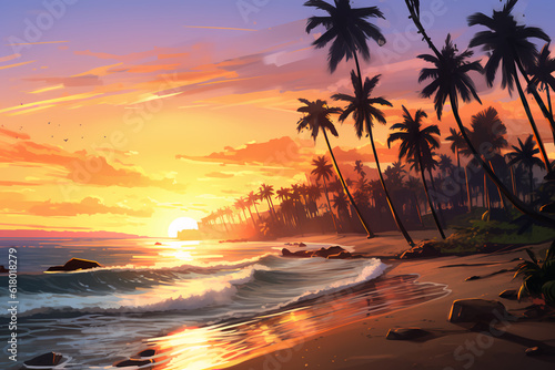 Beach with waves and palm trees at sunset