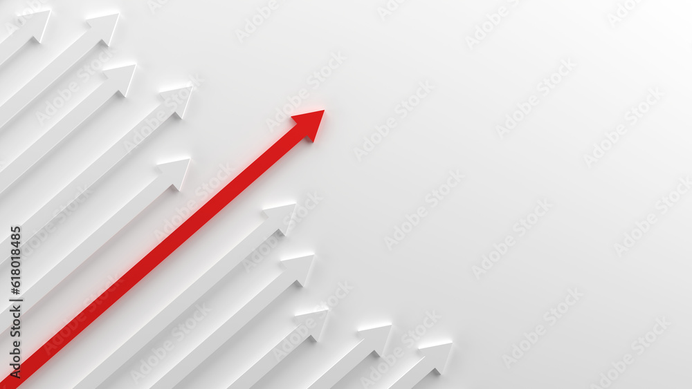 Red leader arrow leading white arrows on white background.3D render.progress way Red leader arrow leading white arrows on white background.3D render.progress way