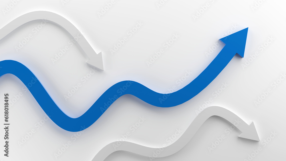 Blue leader arrow leading white arrows on white background.3D render.progress way Blue leader arrow leading white arrows on white background.3D render.progress way
