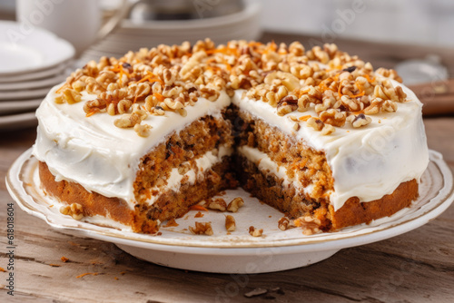 carrot cake adorned with carrot buttercream and sprinkled with crunchy walnuts rich cream cheese icing complements photo