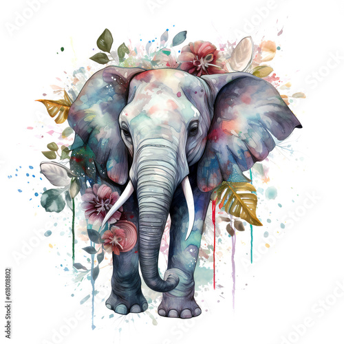 Image of an elephant surrounded by colorful tropical flowers on a clean background. Wildlife Animals. Illustration, Generative AI. © yod67