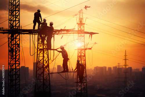 Silhouette workers construction the extension of high-voltage towers on blurred light