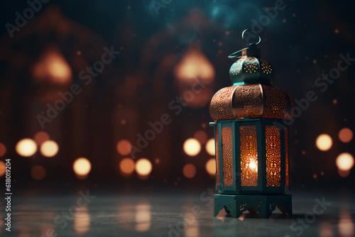Plain background of the lantern lights up with the word Eid Mubarak, Detail accuracy, macro lens, clarity and high quality