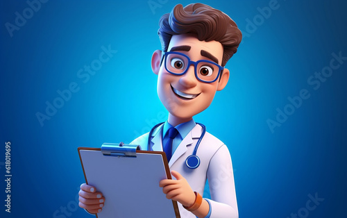 3d render, cartoon character smart trustworthy doctor wears glasses and holds blue clipboard. Professional caucasian male specialist. Medical clip art isolated on blue background. Hospital assistant