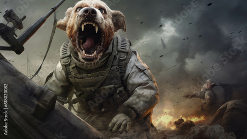 Perro soldado en combate. ia generada
