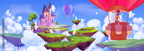 Princess on hot air balloon flying to magic castle cartoon background. Beautiful fantasy queen palace and female character scene. Floating rock island path to jump in sky to mansion game wallpaper