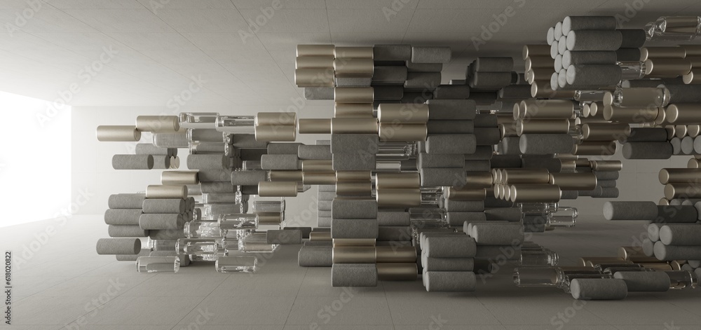 Abstract architectural minimalistic background. Contemporary showroom. Modern concrete exhibition tunnel. Empty gallery. Backlight. 3D illustration and rendering.