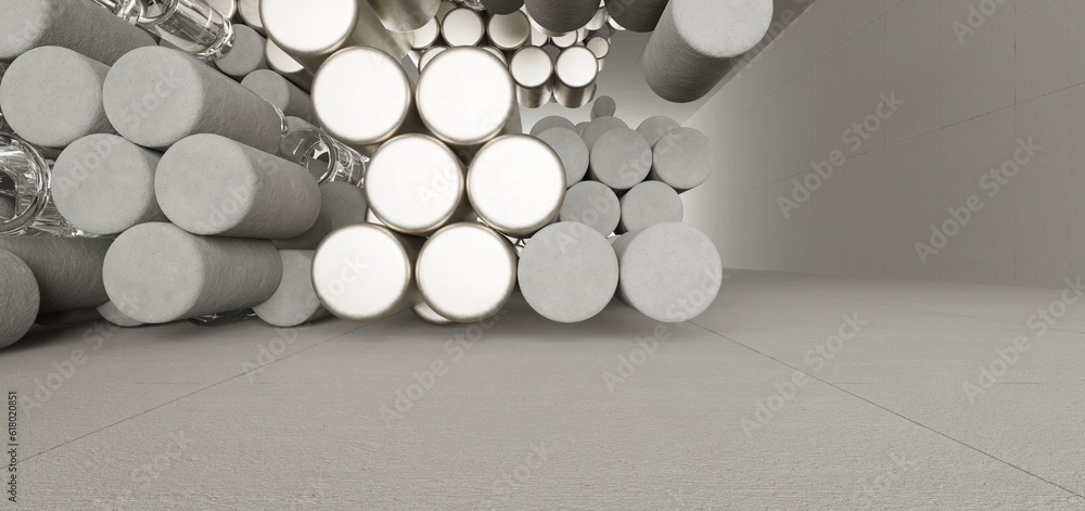 Abstract architectural minimalistic background. Contemporary showroom. Modern concrete exhibition tunnel. Empty gallery. Backlight. 3D illustration and rendering.