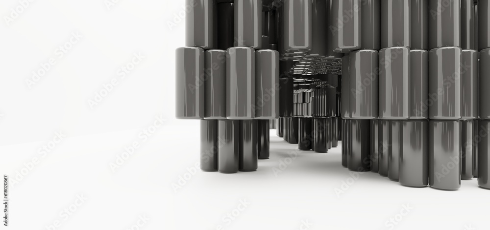 Luxury parametric abstract architectural minimalistic background. Contemporary showroom. Modern black exhibition tunnel. Empty gallery. Stand, table. Interior backlight. 3D illustration and rendering.