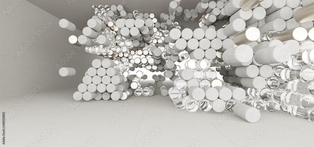 Abstract architectural minimalistic background. Contemporary showroom. Modern concrete exhibition tunnel. Empty gallery. Backlight. 3D illustration and rendering.