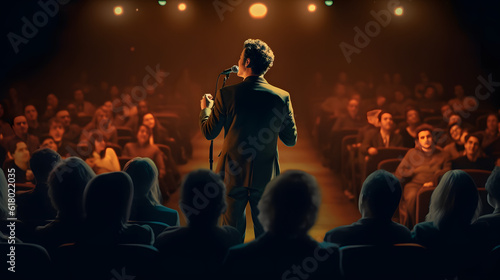 A speaker with microphone in front of audiences. Comedy music and theater live performance,