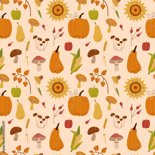 Autumn harvest pattern. Collection of ripe delicious vegetables, fresh fruits, berries, mushrooms, late flowers.