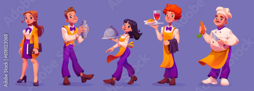 Restaurant chef with hat vector illustration set. Cook profession people with waiter and chief in cafe uniform isolated icon design. Hospitality female hotel manager and waitress with cloche meal