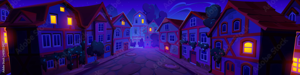 Medieval germany night town street with old house vector. European ancient building in german city cartoon cityscape. Vintage timber cottage and suburban district exterior with light in windows
