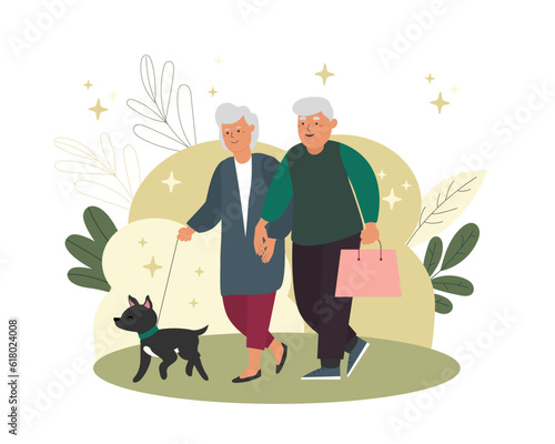 Old people having active lifestyle, spending time together. Elderly men and women walking dog. Happy old age. Leisure time with pet. Vector flat illustration in green colors