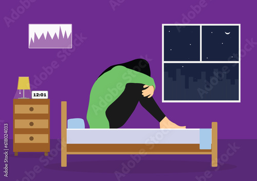 Emotional Insomniac Female Sitting on Bed with Head Down and Thinking Deeply 