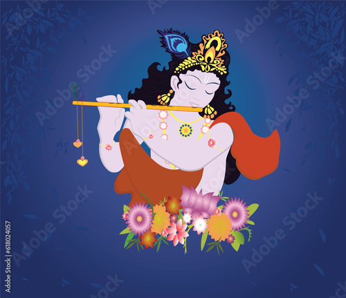 Beautiful Lord Krishna Playing Flute in Standing Pose Illustration 