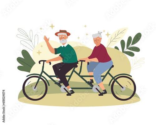 Old people having active lifestyle, spending time together. Elderly men and women riding bike. Happy old age. Leisure time with pet. Vector flat illustration in green colors
