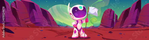 Space mars planet with cosmonaut and white flag landscape background. Alien in astronaut suit in extraterrestrial martian canyon desert 2d videogame mission illustration. Cosmoc green sky backdrop