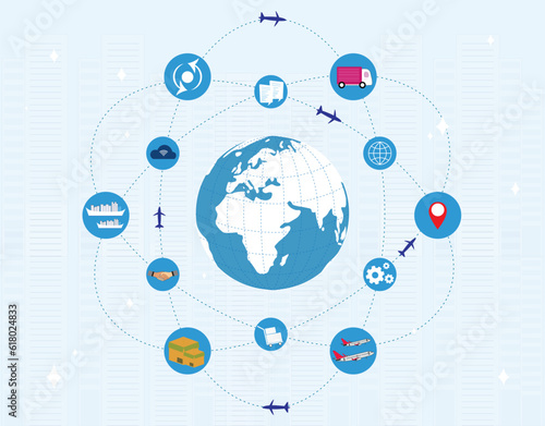International Logistics Network Illustration with Icons of Airplanes, Trucks and Vehicles Delivering heavy Goods to Map Locations 