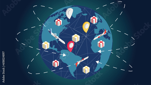 Global Logistics Network Illustration with Icons of Airplane carrying packaged goods to different map locations 