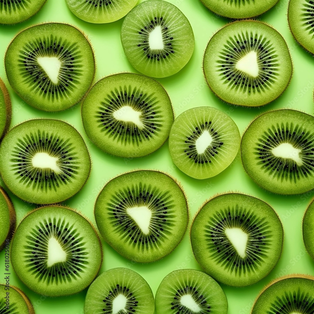 Top View of a sliced kiwi pattern. Generative AI. Top View of a sliced kiwi pattern. Generative AI.