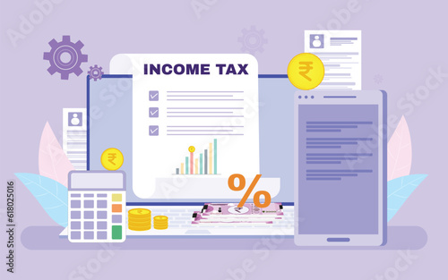Income Tax Calculation and Filing Illustration with Documents, Smartphone, Indian Currency symbol, Coins and Notes