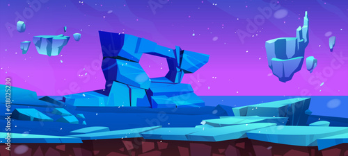 Winter ice alien planet landscape game background. Night fantasy frozen world vector cosmic environment for rpg. extraterrestrial wallpaper with floating island and starry sky scene illustration
