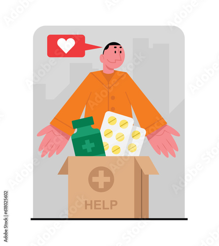Volunteer medicine collection center. Activists provide medical assistance to needy. Male vector character packs pills for charity. Essential medicines for needy. Humanitarian aid organization