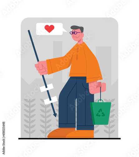 Man in glasses collects garbage in nature and sorts it for recycling. Volunteer cleans grass and bushes from litter. Love for environment. Male character with litter picker
