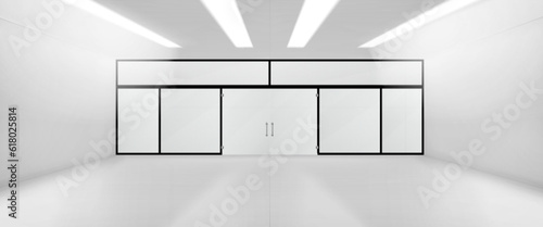 Realistic room with glass wall and door mockup isolated on transparent background. Vector illustration of large shop, store, supermarket, showroom, office perspective with led lamps on ceiling