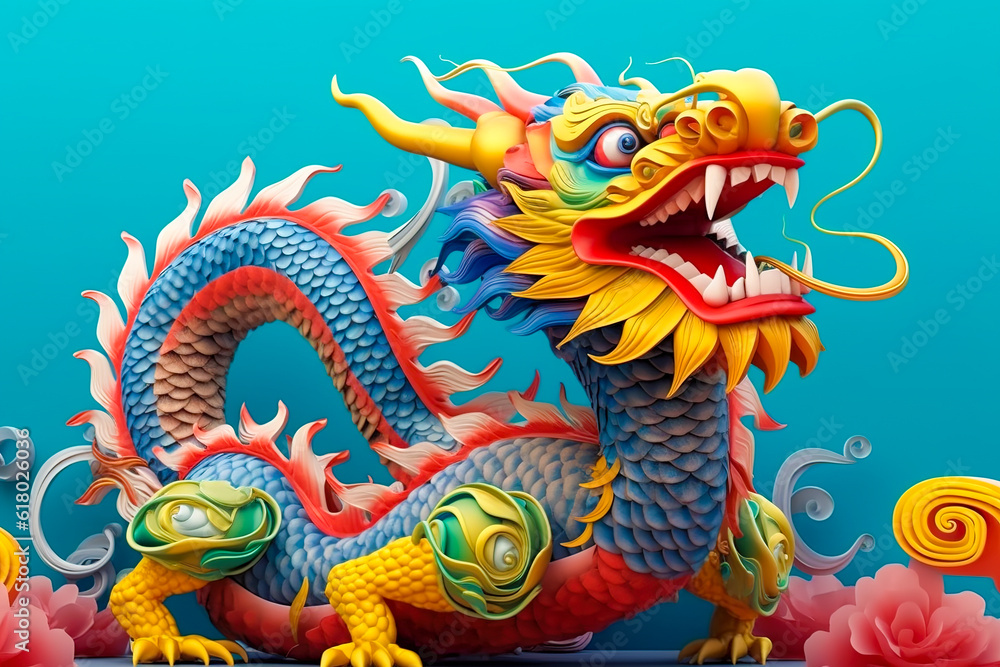 Fototapeta premium Colorful Chinese dragon in fantasy shape. Generative AI
