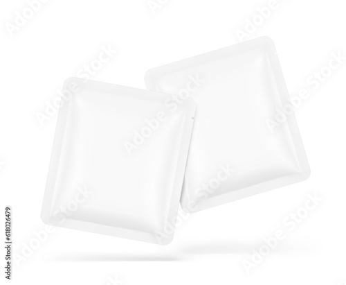 High realistic sachet mockups. Vector illustration isolated on white background. Front view. Packaging for cosmetic, food, pet. Ready for your design. EPS10.