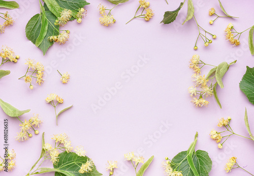 Frame made of fresh linden flowers on lilac background