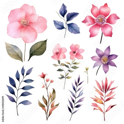 Watercolor flowers. Set Watercolor of multicolored colorful soft flowers. Flowers are isolated on a white background. Flowers pastel colors. generative ai