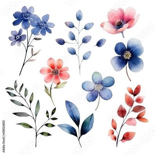 Watercolor flowers. Set Watercolor of multicolored colorful soft flowers. Flowers are isolated on a white background. Flowers pastel colors. generative ai