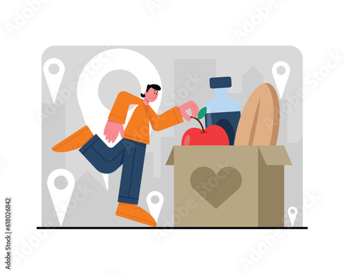 Volunteers collect food for charity. Male character packs meal for needy into boxes. Man plans to deliver packages to food distribution points for poor people