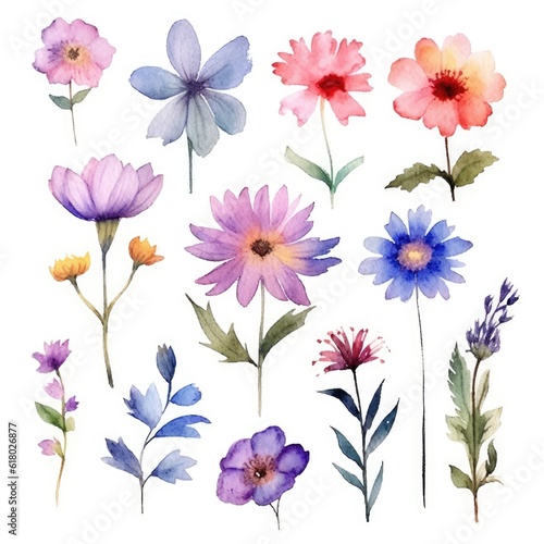 Watercolor flowers. Set Watercolor of multicolored colorful soft flowers. Flowers are isolated on a white background. Flowers pastel colors. generative ai