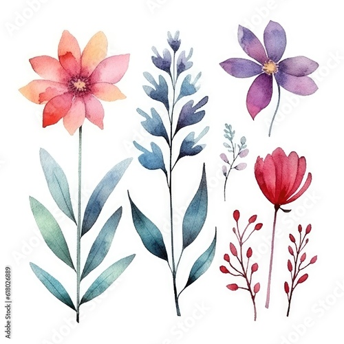 Watercolor flowers. Set Watercolor of multicolored colorful soft flowers. Flowers are isolated on a white background. Flowers pastel colors. generative ai