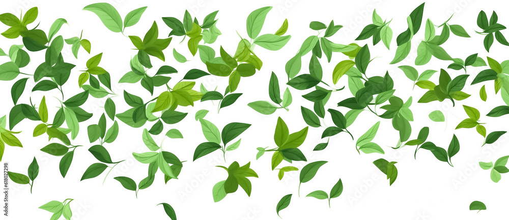 Digital Drawing and Painting of Delicate green leaves elegantly scattered among a pristine white background, evoking a sense of serenity and natural beauty. generative AI.